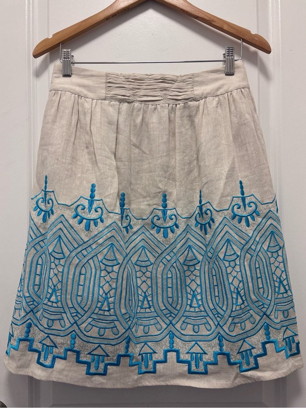 34. 100% Linen Madison Cream A-Line Skirt with Turquoise Embroidery